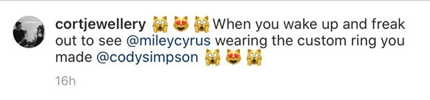 Designer de joias confirma que anel de Miley Cyrus era de Cody Simpson (Foto: Reprodução / Instagram)