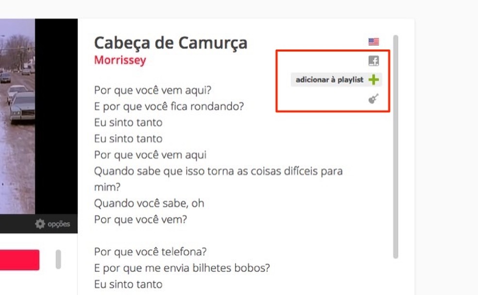 Opções para compartilhar, visualizar cifras e adicionar uma música em playlists do site Ouvir Música — Foto: Reprodução/Marvin Costa