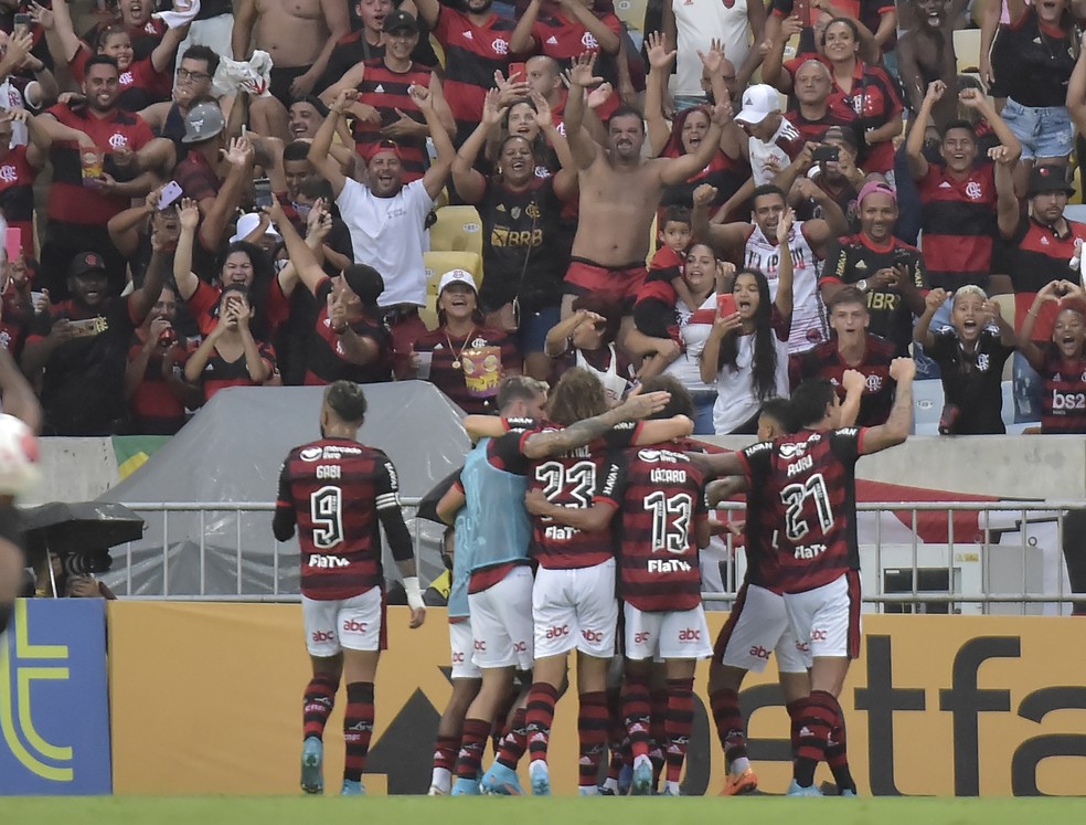 Jogadores do Flamengo comemoram o gol de Arão contra o Vasco — Foto: André Durão