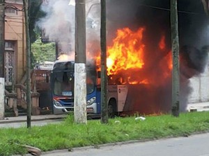 Vândalos atearam fogo em um ônibus em Cubatão, SP  (Foto:  Nivaldo Tomazini/TV Tribuna)