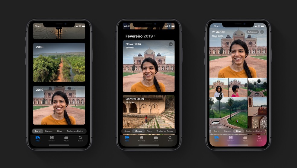 Nova versão do sistema operacional da Apple traz mudanças na exibição do aplicativo de fotos. — Foto: Reprodução/Apple