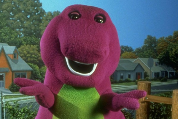 Fantasia de mascote BIGGYMONKEY™ de dinossauro roxo famoso dos desenhos  animados do Barney