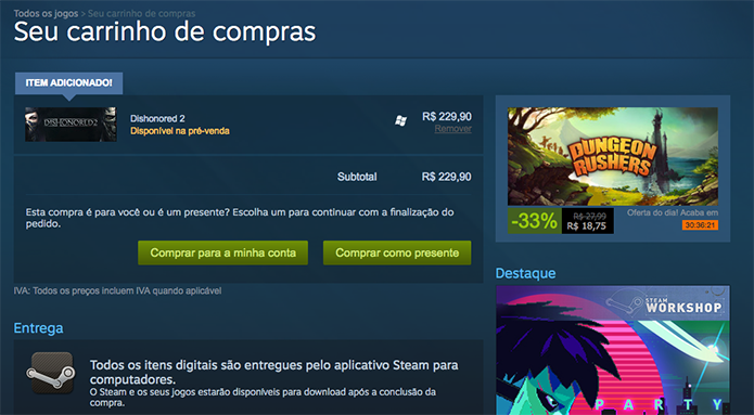 Faça o pagamento do Dishonored 2 no Steam (Foto: Reprodução/Murilo Molina)