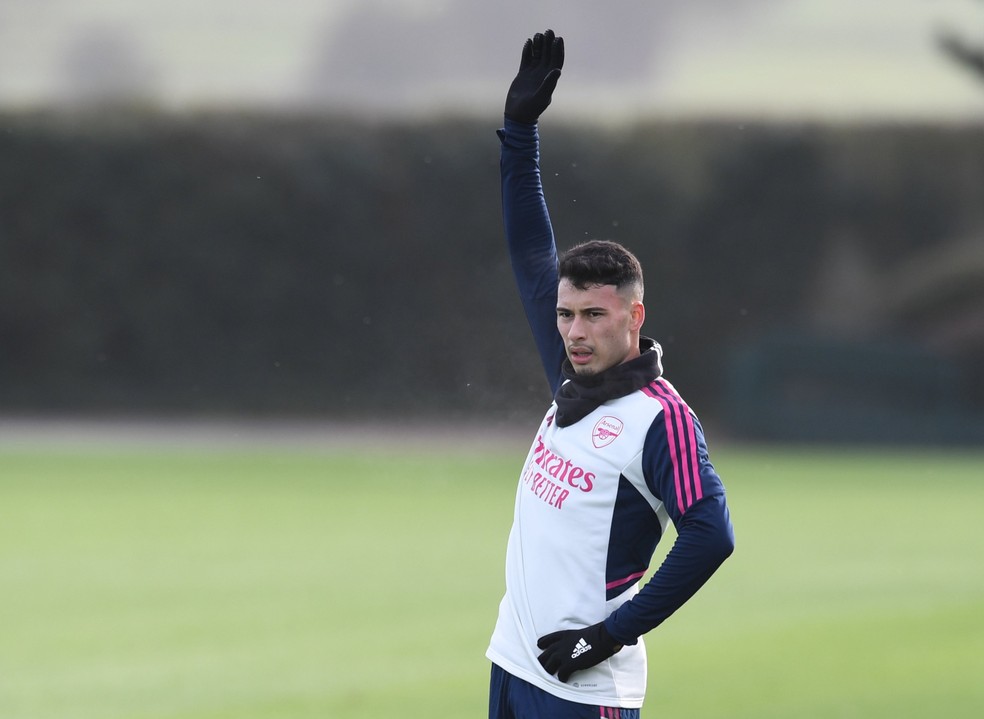 Martinelli durante treino do Arsenal; brasileiro não terá companhia de Gabriel Jesus no Boxing Day — Foto: Reprodução/Twitter