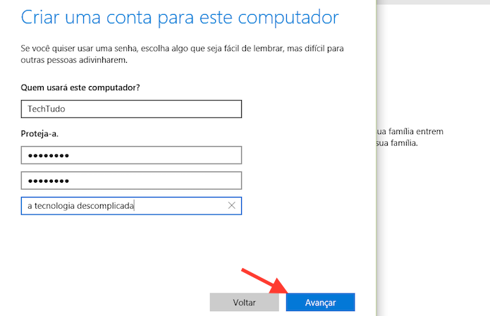 Adicionando um nome de usuário e senha de acesso no Windows 10 (Foto: Reprodução/Marvin Costa)