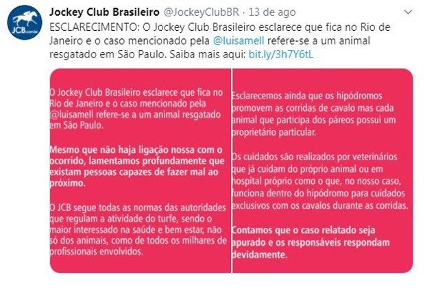 Post do Jockey Club Brasileiro (Foto: Reprodução/ Twitter)