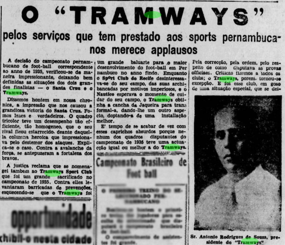 Jornal presta homenagem ao Tramways após time chegar na final do Campeonato Pernambucano de 1935 — Foto: Reprodução/Diario de Pernambuco