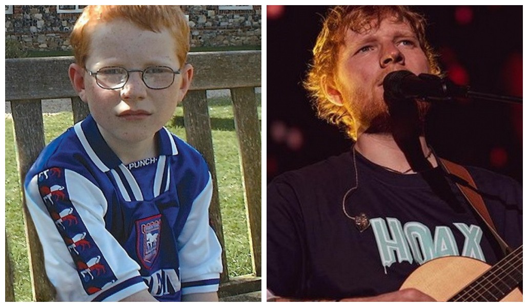 O músico Ed Sheeran em foto de infância e em registro feito em um show (Foto: Instagram)