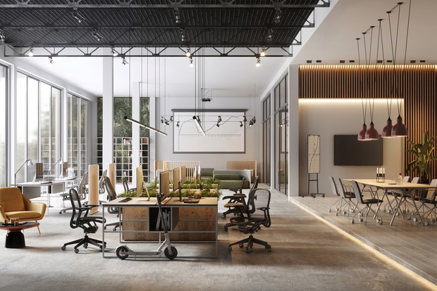 Large and modern office interiors. 3D rendering of fully furnished big office space. (Foto: Getty Images)