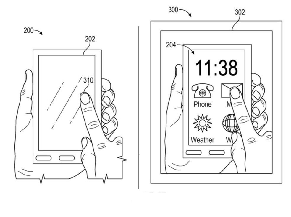 Detalhe da patente mostra funcionamento da tecnologia. À esquerda, a tela do celular "desligada"; à direita, como ela é vista pelo usuário do Apple Glass — Foto: Reprodução/AppleInsider
