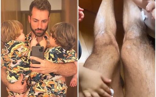 Thales Bretas mostra filhos passando creme em suas pernas: "Papéis começam a inverter"