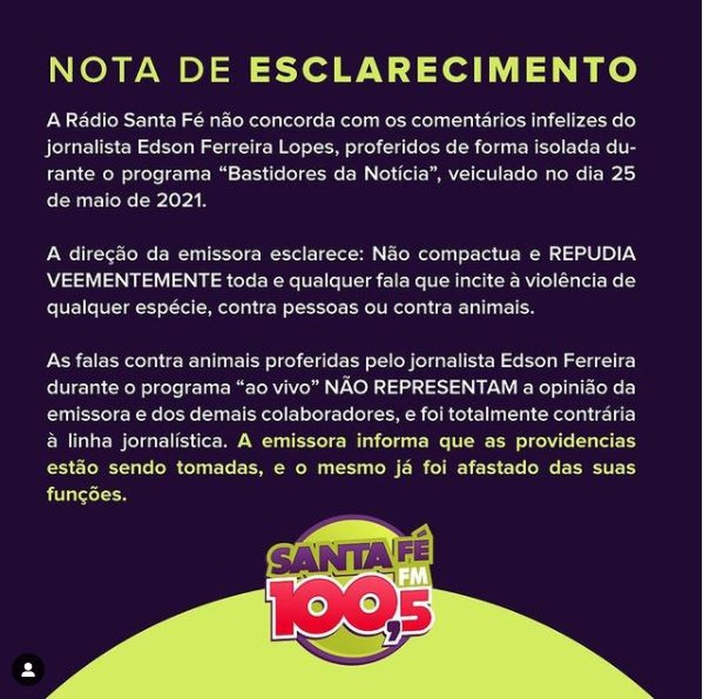 Nota de esclarecimento foi divulgada pela rádio de Santa Fé do Sul (SP) — Foto: Rádio Santa Fé/Divulgação