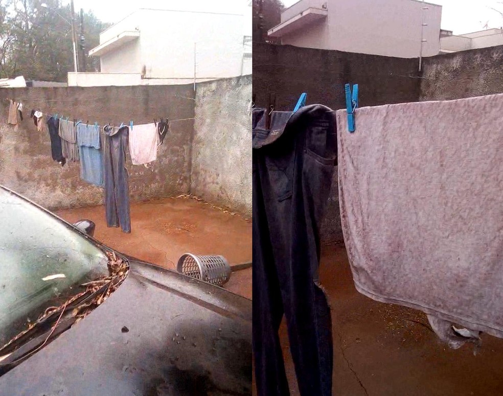 Tempestade de areia sujou as roupas que estavam no varal em casa de Palmital — Foto: Arquivo pessoal/Fernando Bissoli