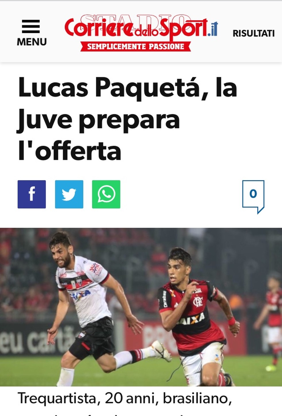 "Corriere Dello Sport" noticiou em maio o interesse da Juventus em PaquetÃ¡ (Foto: ReproduÃ§Ã£o)