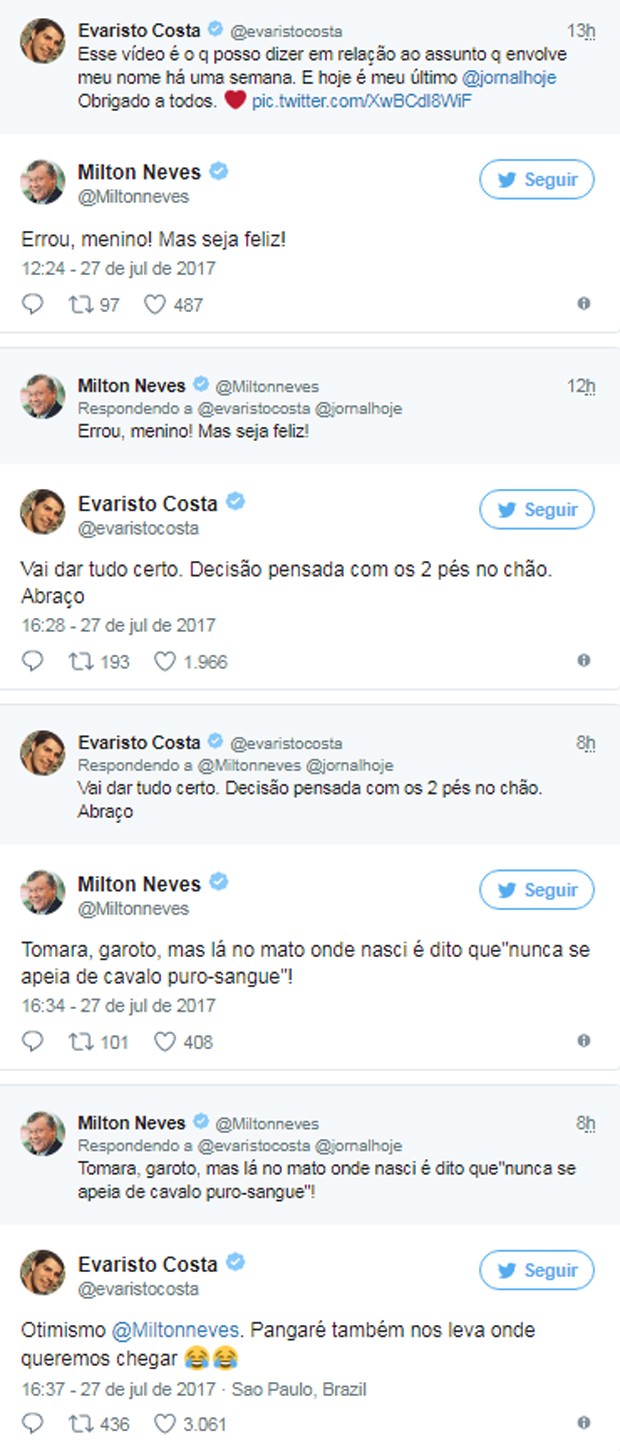 Evaristo Costa responde a críticas de Milton Neves sobre saída do Jornal Hoje (Foto: Reprodução/Twitter)