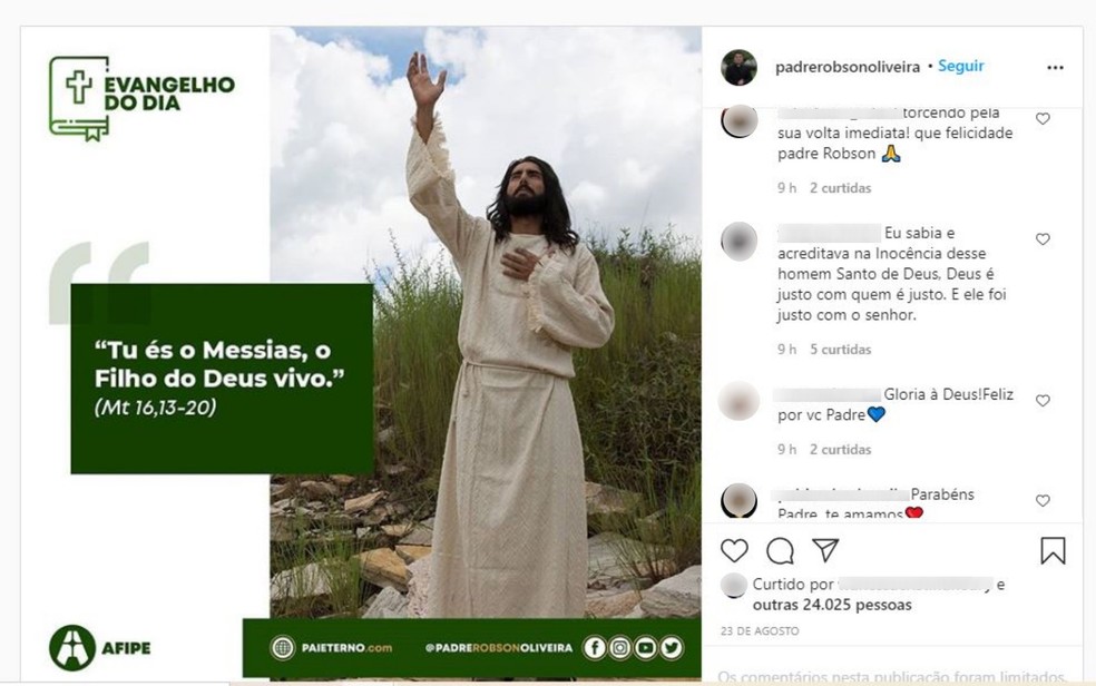 Padre Robson recebe apoio de fiéis nas redes sociais após Justiça trancar ação por suspeitas de desvios — Foto: Reprodução/Instagram