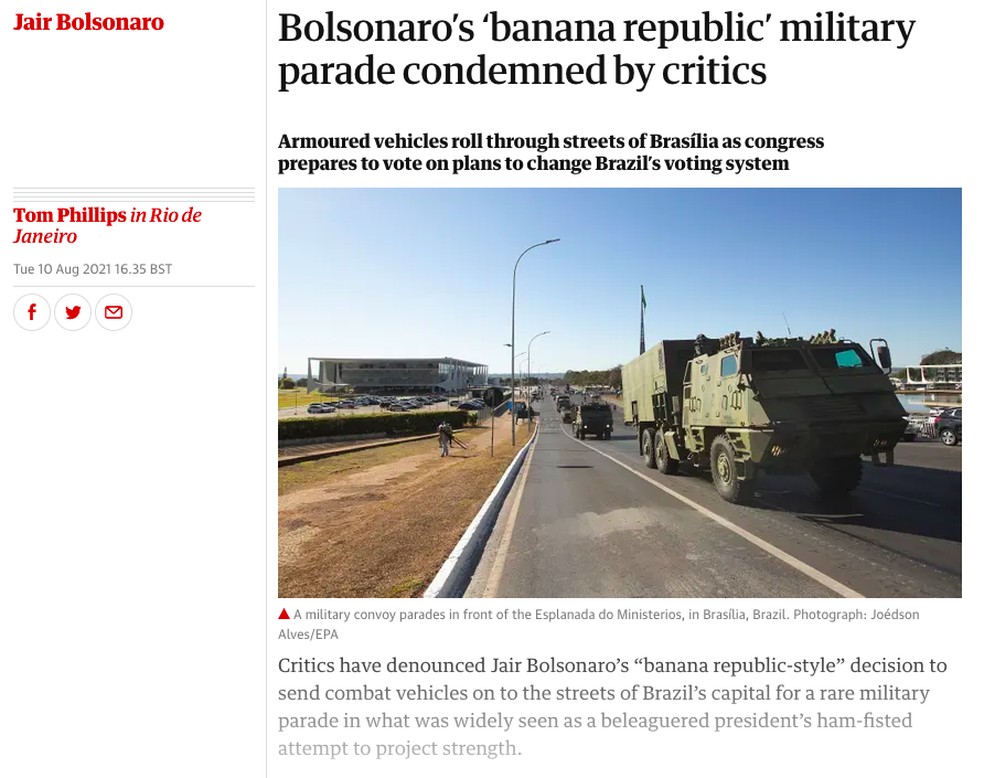 The Guardian (Reino Unido) sobre ato militar na Praça dos Três Poderes — Foto: Reprodução