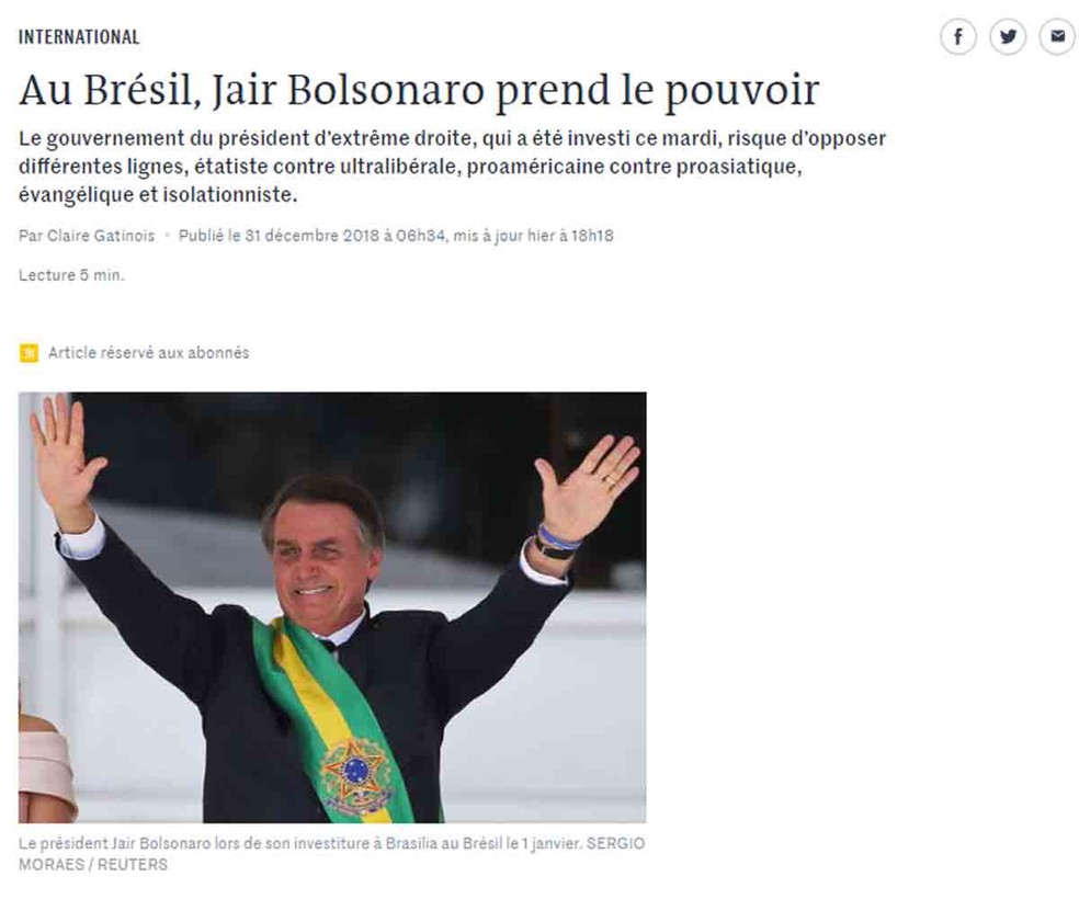 Francês 'Le Monde' destacou possíveis disputas ideológicas no governo Bolsonaro — Foto: Reprodução/'Le Monde'