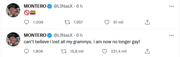 Os posts de Lil Nas X brincando com suas derrotas no Grammy 2022 (Foto: Twitter)