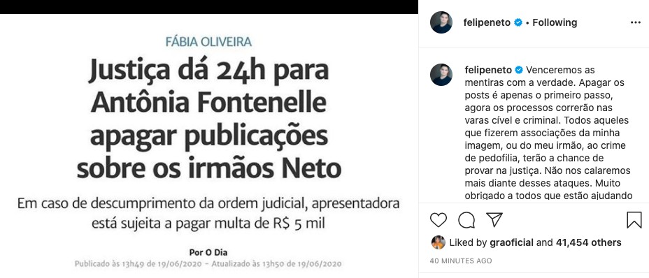 Felipe Neto compartilha a notícia da decisão da justiça (Foto: Reprodução/Instagram)