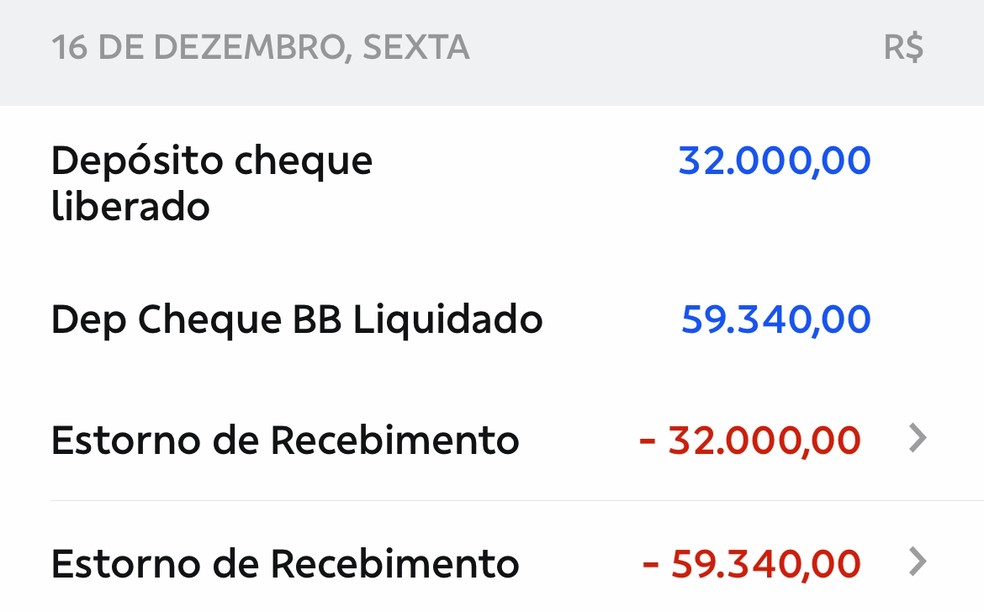 Logo após o depósito, o estorno foi feito   — Foto: Reprodução