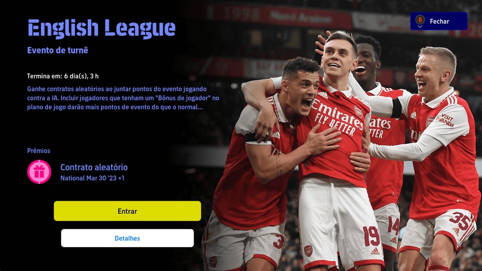 Evento de Turnê "English League" premia um contrato aleatório do POTW National Mar 30 '23 — Foto: Reprodução in-game/eFootball 2023