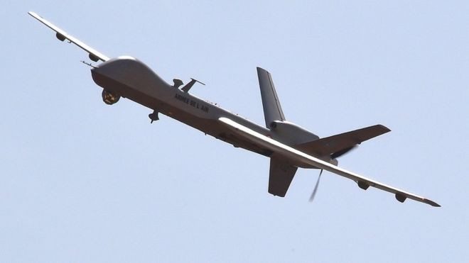 BBC O drone americano MQ-9, o Reaper, é o principal modelo de drone armado sendo usado hoje pelos EUA e por alguns outros países (Foto: AFP/GETTY IMAGES/BBC)