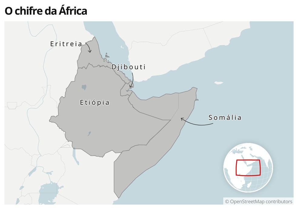 Mapa mostra a região do Chifre da África — Foto:  g1