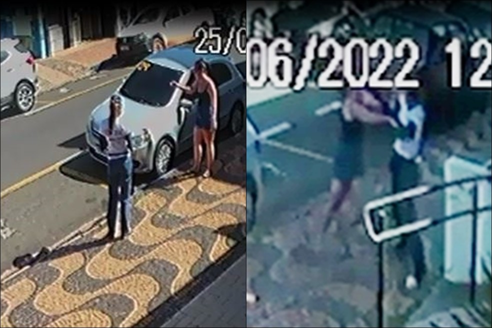 As duas brigaram na calçada que fica no centro de Jales — Foto: Circuito de Segurança/Reprodução