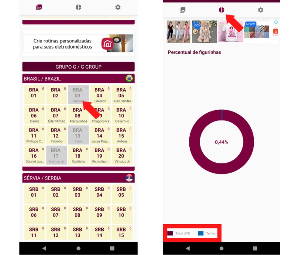 Gráfico do app mostra total de figurinhas disponíveis e quantas delas o usuário já tem — Foto: Reprodução/Mariana Tralback