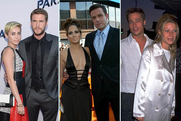 Miley Cyrus e Liam Hemsworth, Jennifer Lopez e Ben Affleck, e Brad Pitt e Gwyneth Paltrow (Foto: Getty Images)