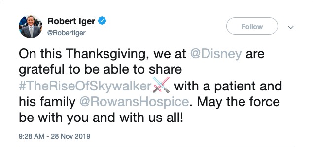 A mensagem do CEO da Disney, Bob Iger, confirmando a exibição prévia de Star Wars para o fã internado (Foto: Twitter)