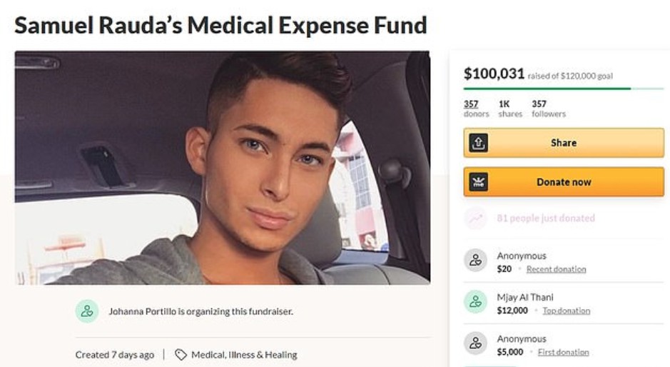 A vaquinha virtual pedindo US$ 120 mil para a cirurgia do cabeleireiro amigo de Kylie Jenner que recebeu um doação de US$ 5 mil da socialite (Foto: Reprodução)
