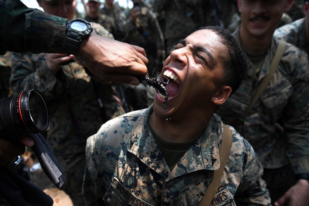 14 de fevereiro - Um fuzileiro naval americano come um escorpião durante um treinamento de sobrevivência na selva com soldados tailandeses no exercício militar conjunto chamado 'Cobra Gold' na província de Chantaburi, na Tailândia. O treinamento envolve exercícios pesados ​​na selva, jogos de guerra, assistência humanitária e exercícios de alívio a desastres — Foto: Lillian Suwanrumpha/AFP