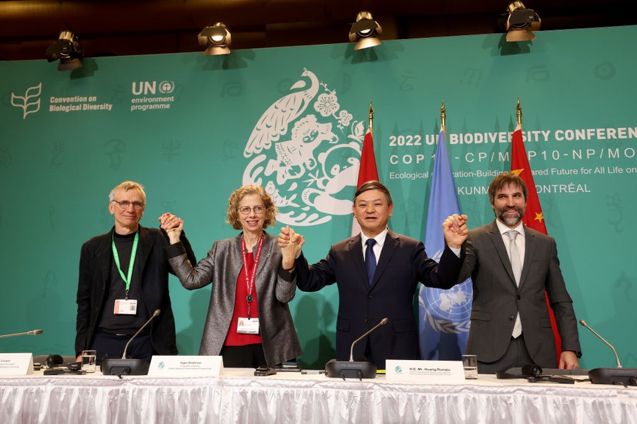 Na COP15, David Cooper ao lado de Inger Andersen, diretora executiva do Programa Ambiental das Nações Unidas, Huang Runqiu, presidente da COP15 e ministro da Ecologia e Meio Ambiente da China, e Steven Guilbeault, ministro canadense do Meio Ambiente e Mudanças Climáticas