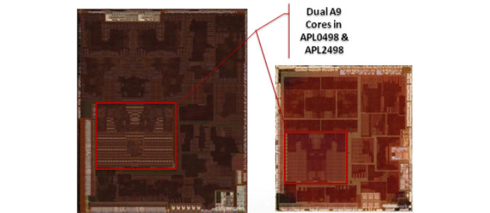 A imagem mostra o interior dos processadores A5 dos iPad 2: à esquerda, a versão de 45 nanômetros, à direita, a de 32 nm (Foto: Reprodução/Chipworks)
