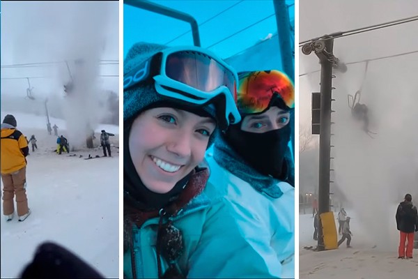 Emma Lopinto comemorava seu aniversário na estação de esqui quando precisou saltar do teleférico. Sua amiga tem suspeita de fratura na coluna. (Foto: reprodução YouTube)