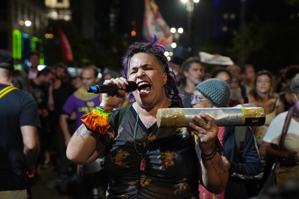 Manifestante durante ato pela democracia na Avenida Paulista — Foto: Fábio Tito/g1
