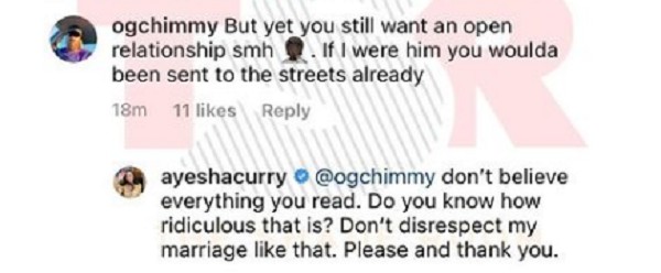 A resposta dada pela esposa do jogador de basquete Stephen Curry, Ayesha Curry, para uma pessoa que falou sobre uma suposta relação aberta do casal (Foto: Instagram)