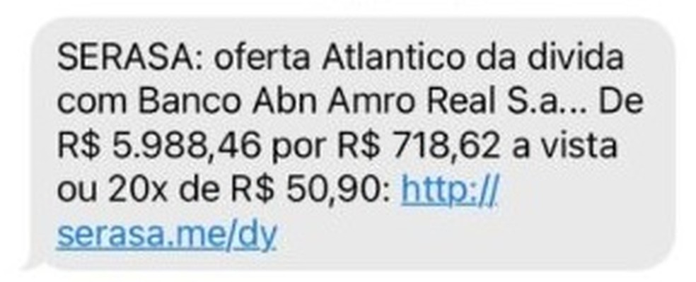 Mensagem de golpistas informando suposta dívida — Foto: Reprodução