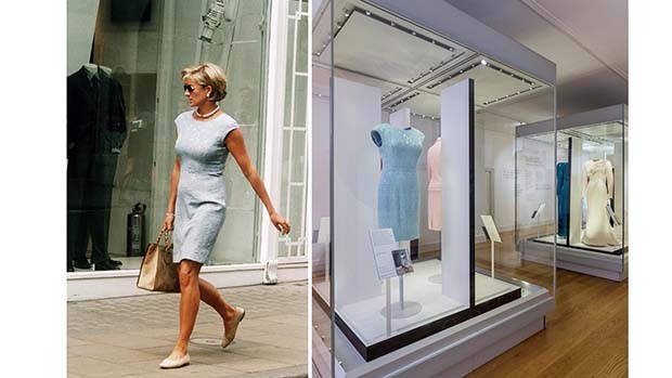 Diana shopping on Bond Street in London in 1997 (left), wearing a Catherine Walker shift dress that is on display at Kensington Palace in Diana: Her Fashion Story (right) (Foto: GETTY; HISTORIC ROYAL PALACES)