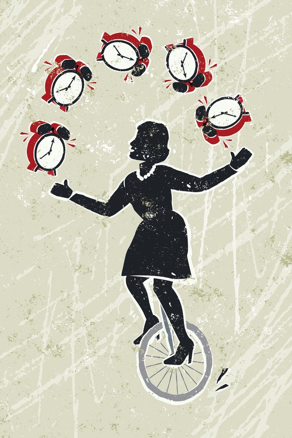 Race Against Time! A stylized vector cartoon of a businesswoman juggling clocks whilst riding a unicycle. Suggesting  - deadlines, countdown, time keeping,race against time, pressure, stress or skill.  Unicycle, woman, clocks, paper texture and backgrou (Foto: Getty Images)