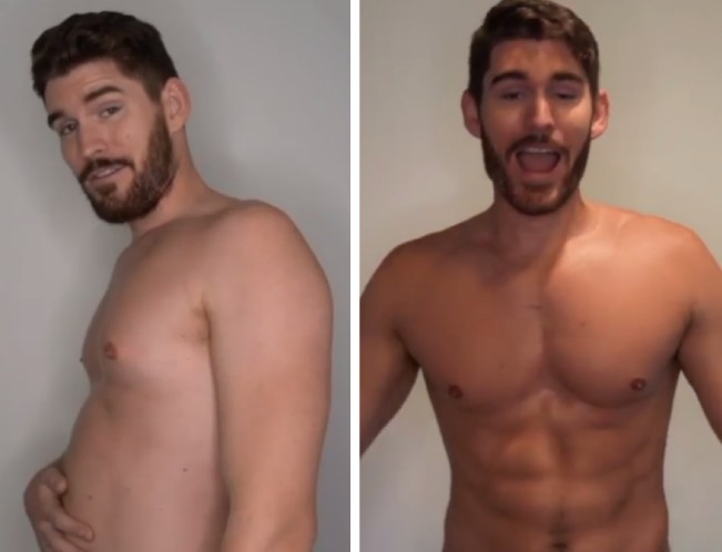 O fã de Chris Hemsworth mostrando o antes e o depois de seguir a rotina de treinos do ator (Foto: Instagram)