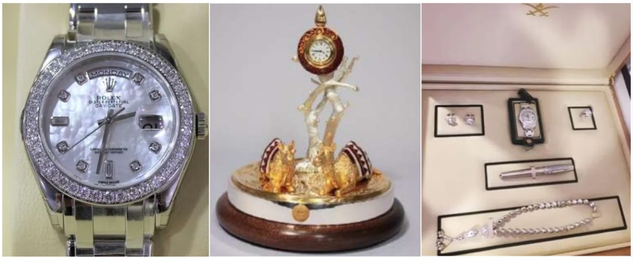 Rolex recebido por Bolsonaro na Arábia Saudita, relógio de mesa feito em prata de lei com banho de ouro ganho nos Emirados Árabes e estojo de relógio: presidente tem 9 peças em acervo pessoal