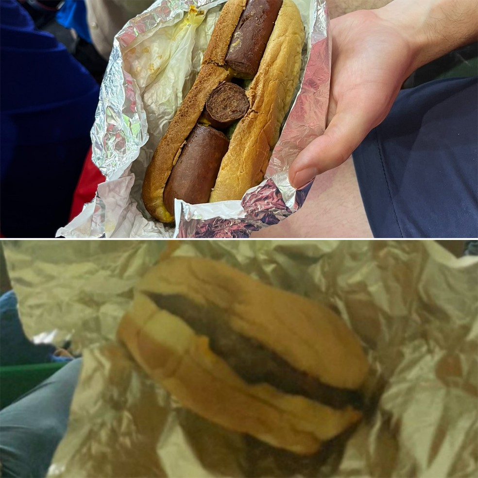 Cachorro quente e hambúrguer pouco apetitosos nos estádios do Catar — Foto: Infoesporte