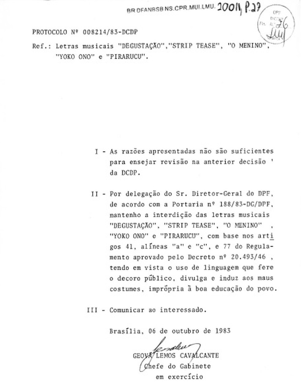 Em documento de 1983, delegado da PF diz que música de Rita Lee é "imprópria à boa educação do povo" — Foto: Arquivo Nacional