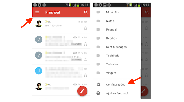 Acessando as configurações do Gmail no Android (Foto: Reprodução/Marvin Costa)