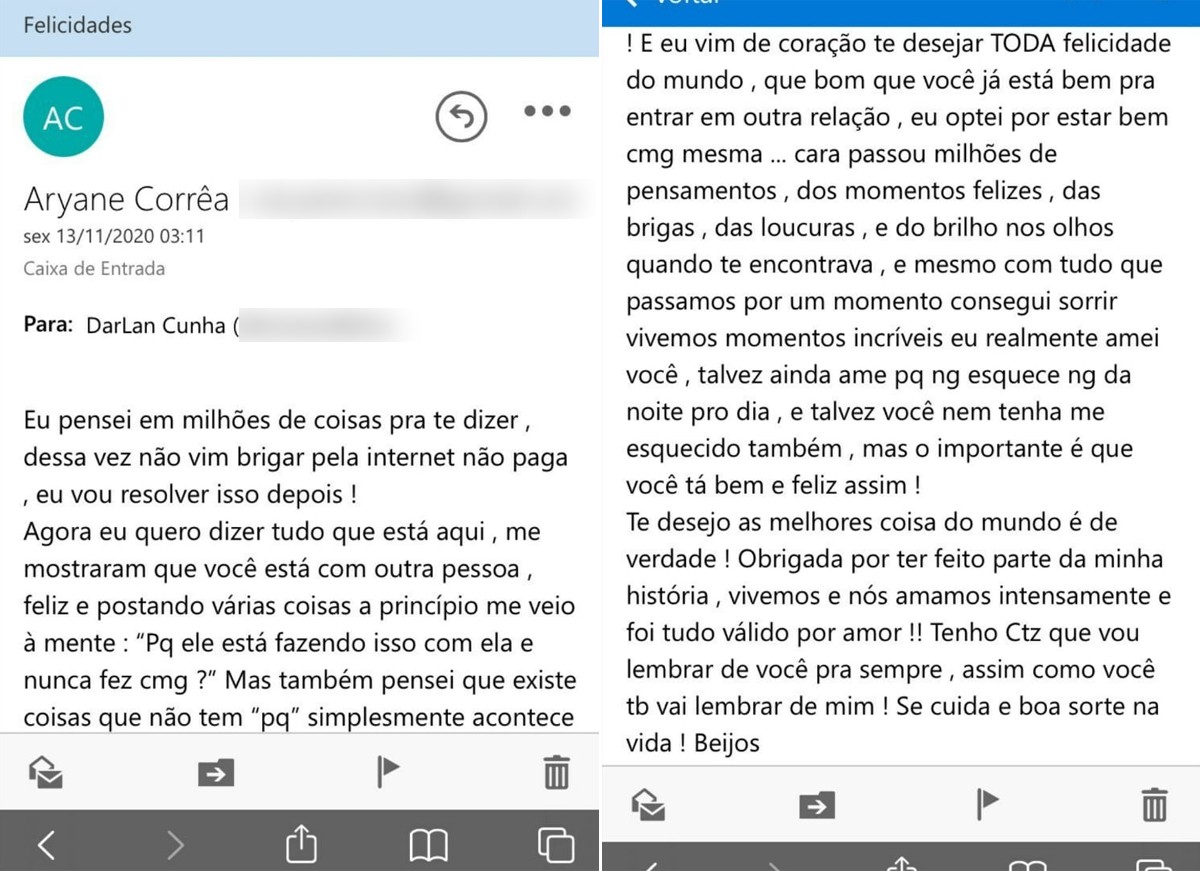 Darlan Cunha mostra e-mail enviado por Aryane Corrêa (Foto: Arquivo pessoal)
