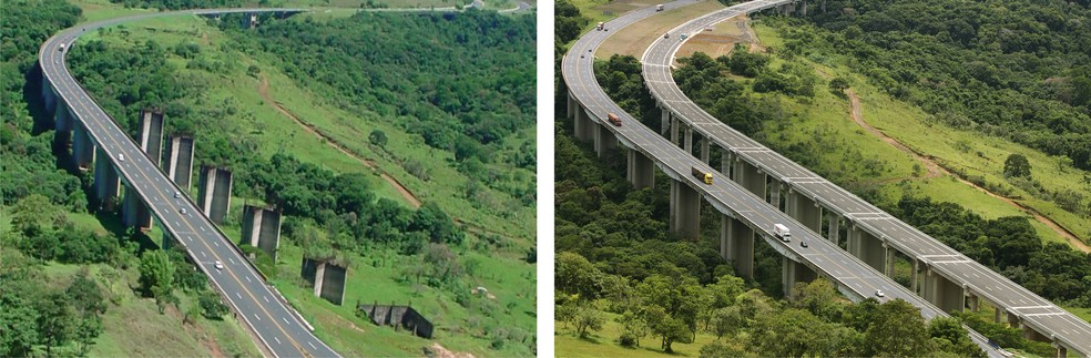 Antes x Depois - Duplicação dos viadutos da Serra de Botucatu (Rodovia Castello Branco – SP 280, km 205) — Foto: Arquivo CCR SPVias