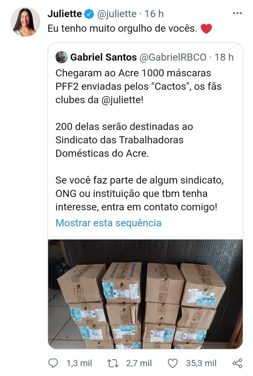 Fãs de Juliette doam mil máscaras de proteção para o Acre e a campeã do BBB21 agradece no Twitter — Foto: Reprodução/Twitter